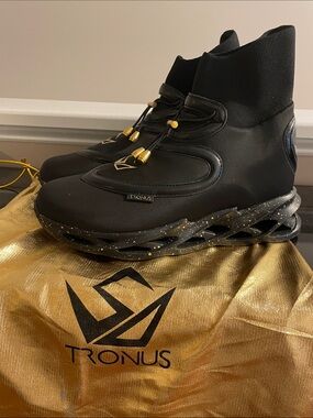 Men's Slip On Black Sneakers with Gold Accents and Toggle Lacing